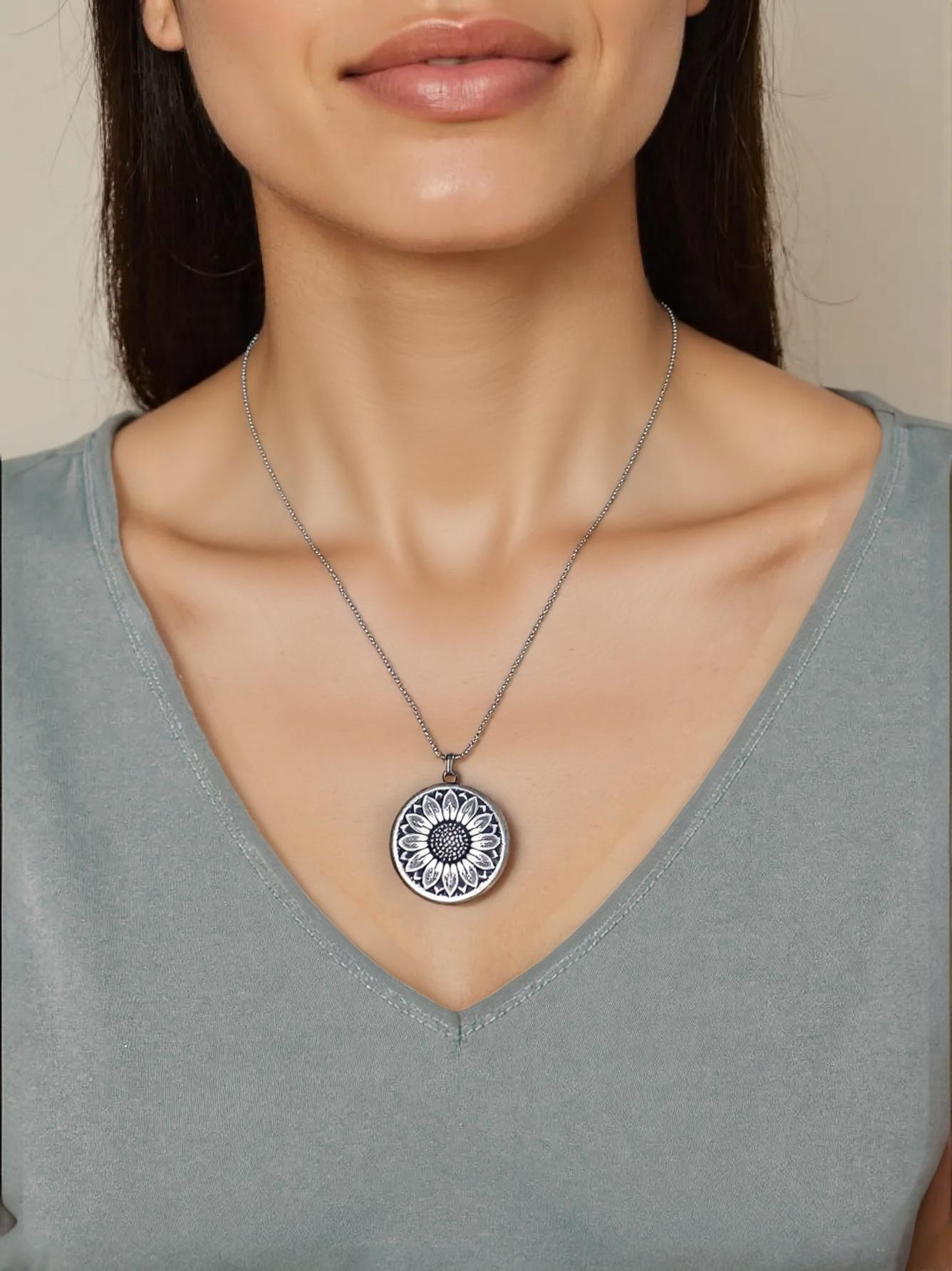 Silver Sunflower Locket Necklace