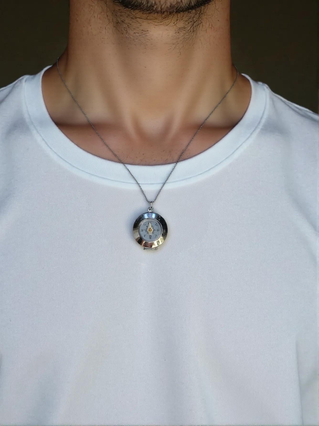 Silver Working Compass Locket Necklace, silver face