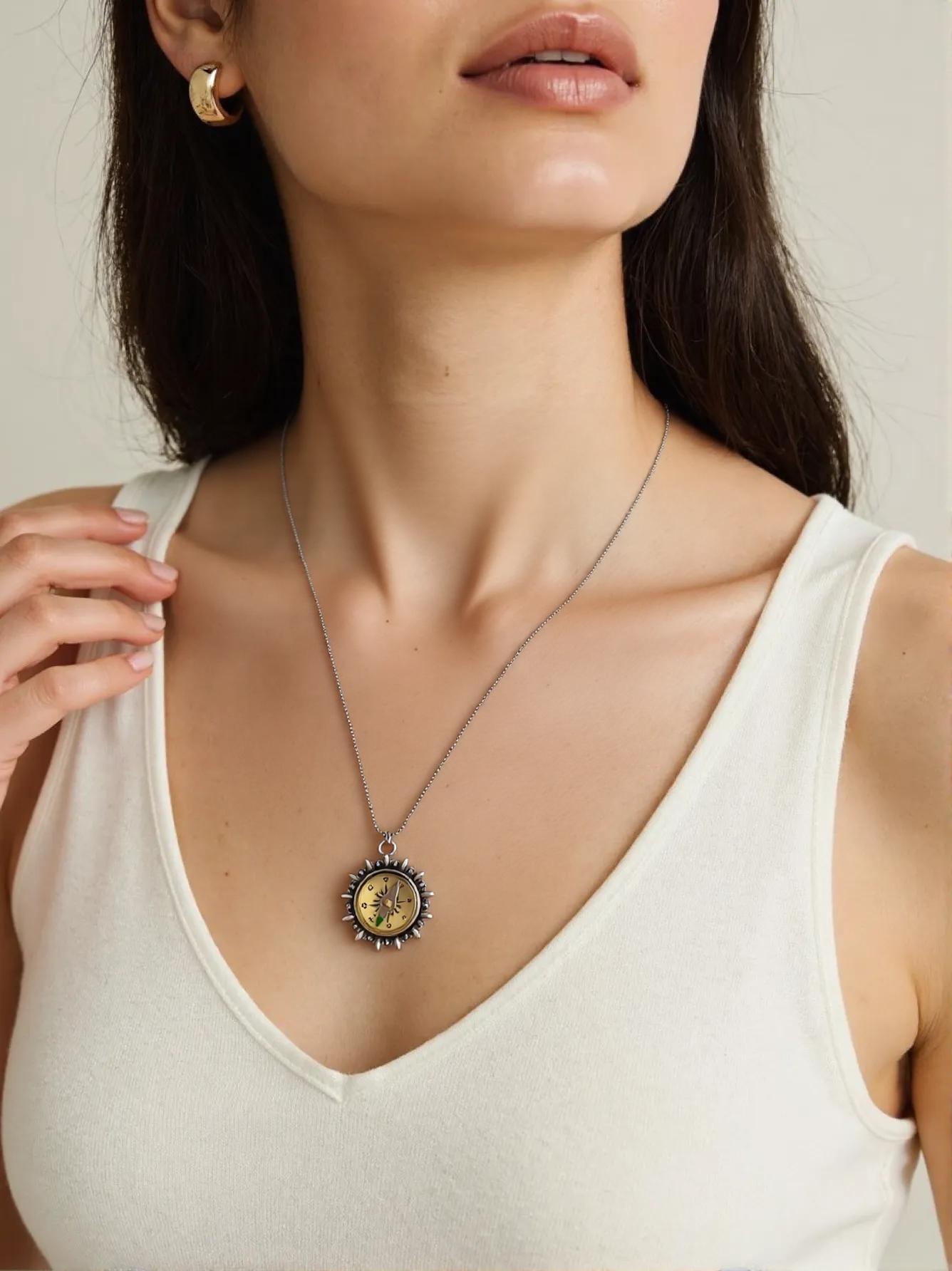 Silver Working Compass Necklace, ivory face