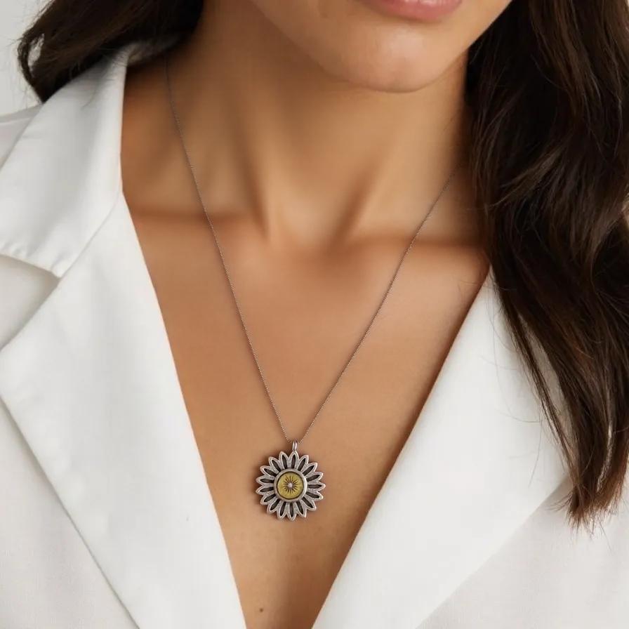 Silver Flower Working Compass Necklace