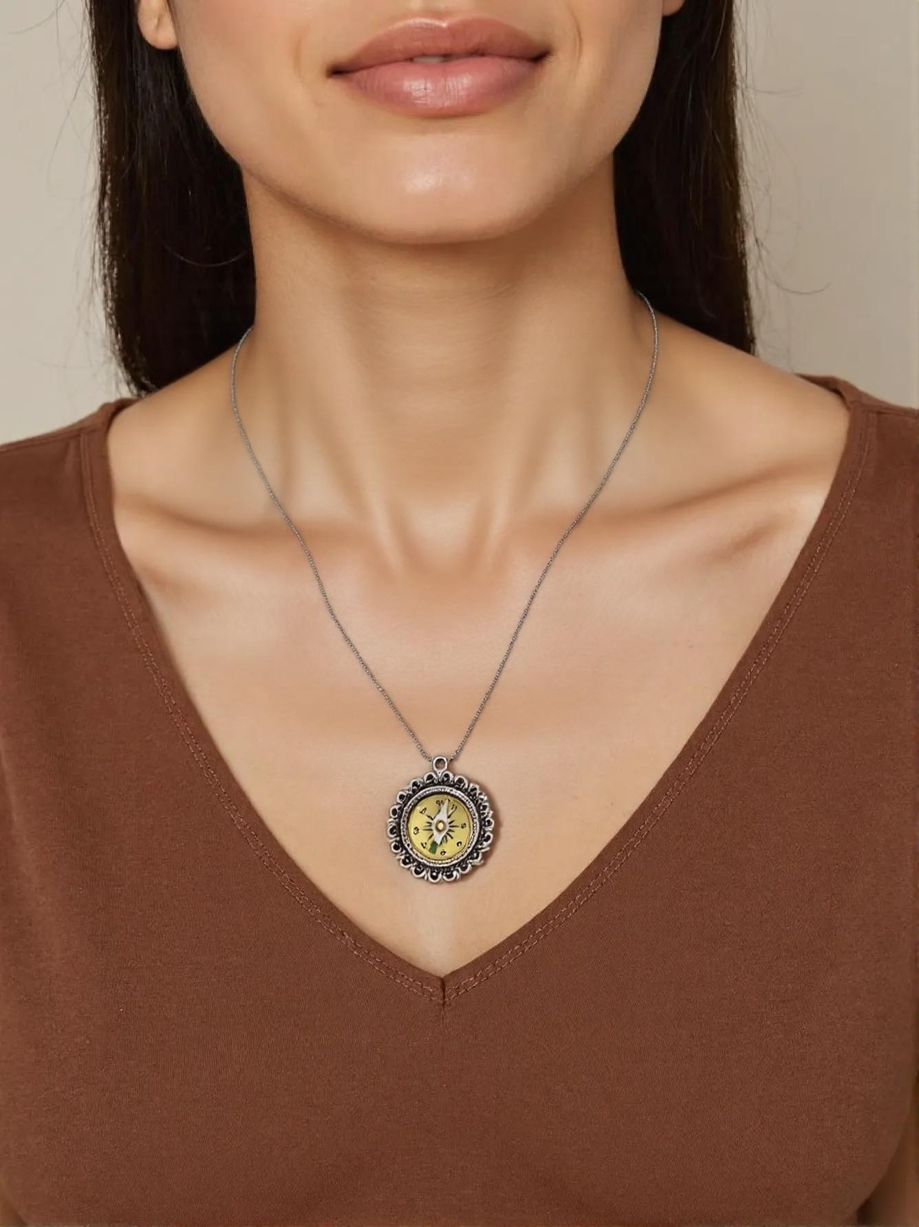 Filigree Silver Working Compass Necklace, ivory face