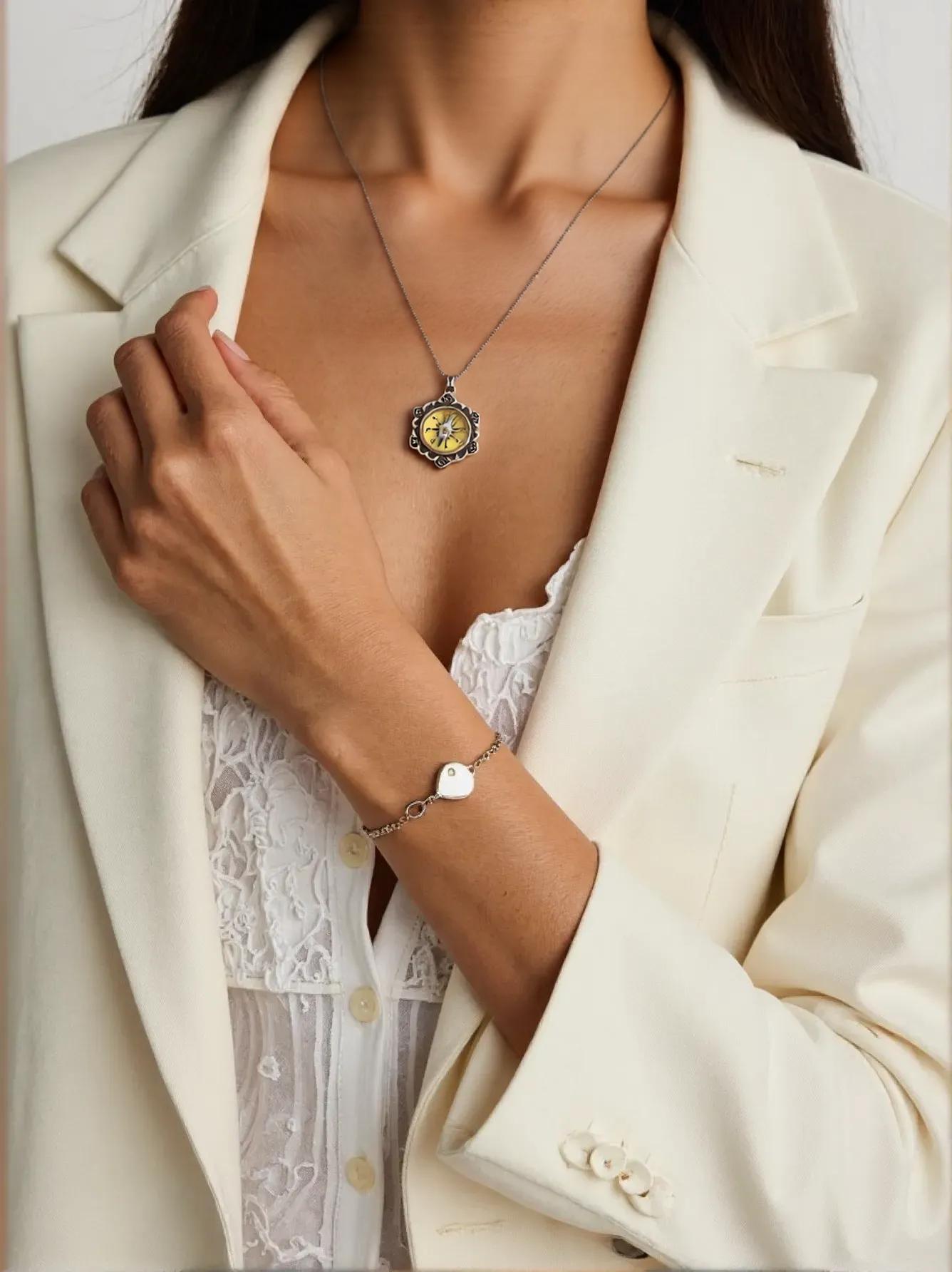 Silver Flower Working Compass Necklace, ivory face