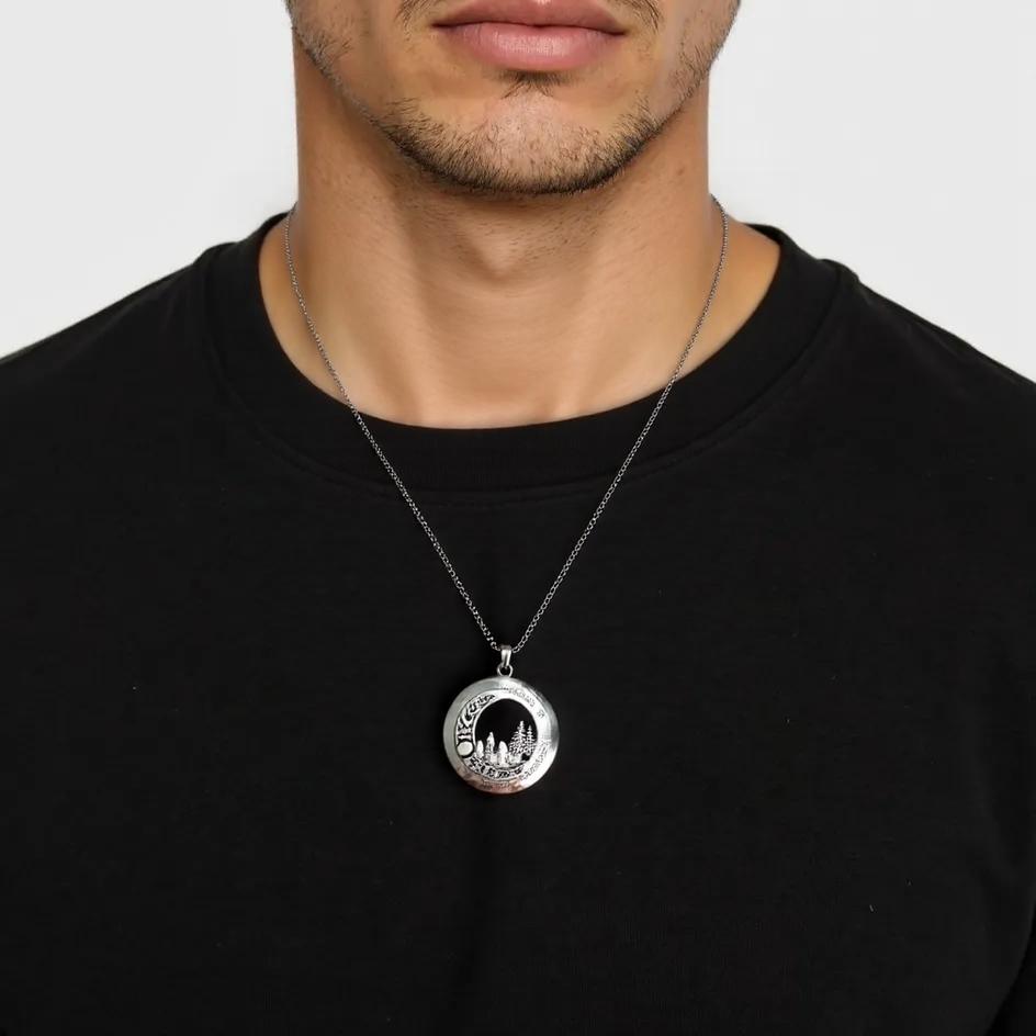 Silver Moon and Mountains Locket Necklace