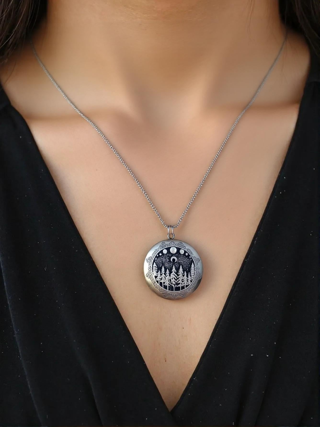 Silver Moonlit Trees Locket Necklace