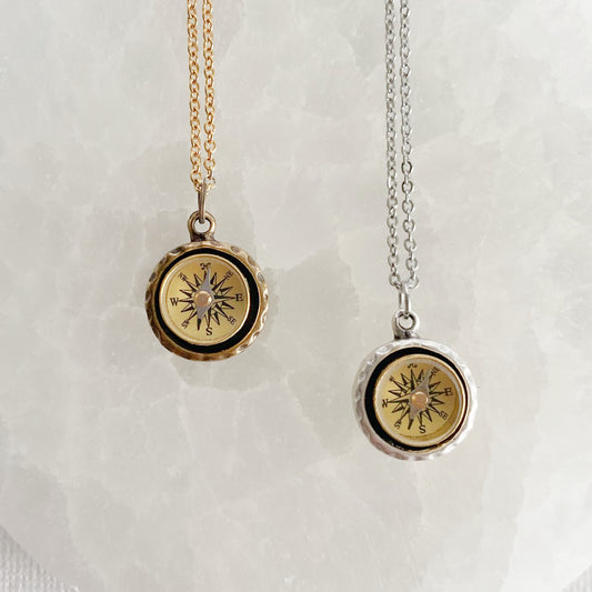 Small Hammered Working Compass Necklace, silver or gold