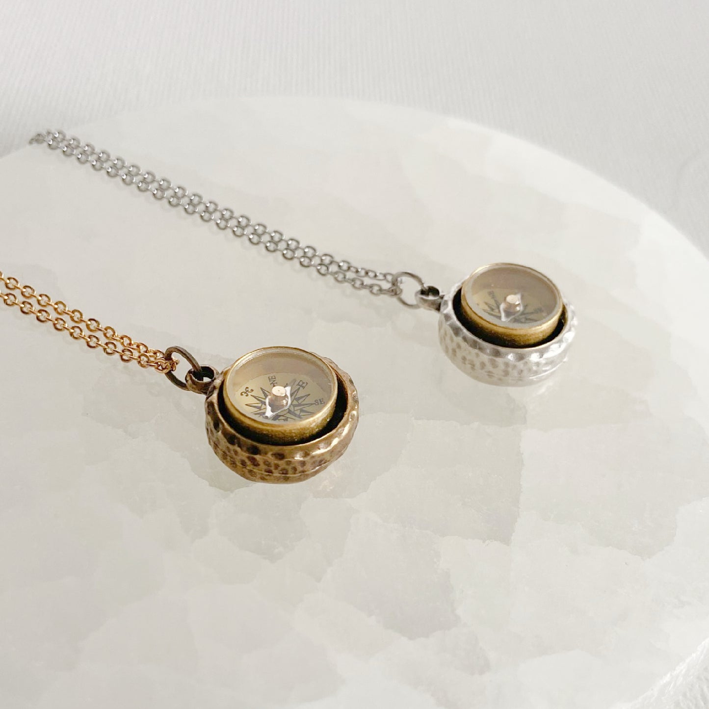 Small Hammered Working Compass Necklace, silver or gold