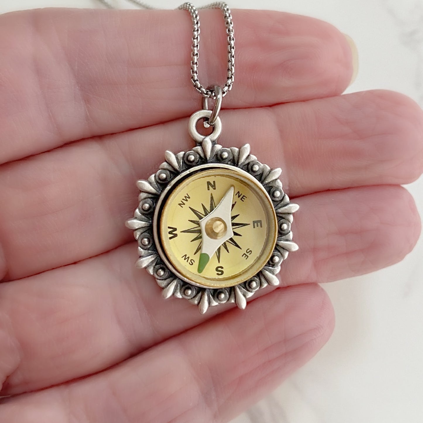 Silver Working Compass Necklace, ivory face