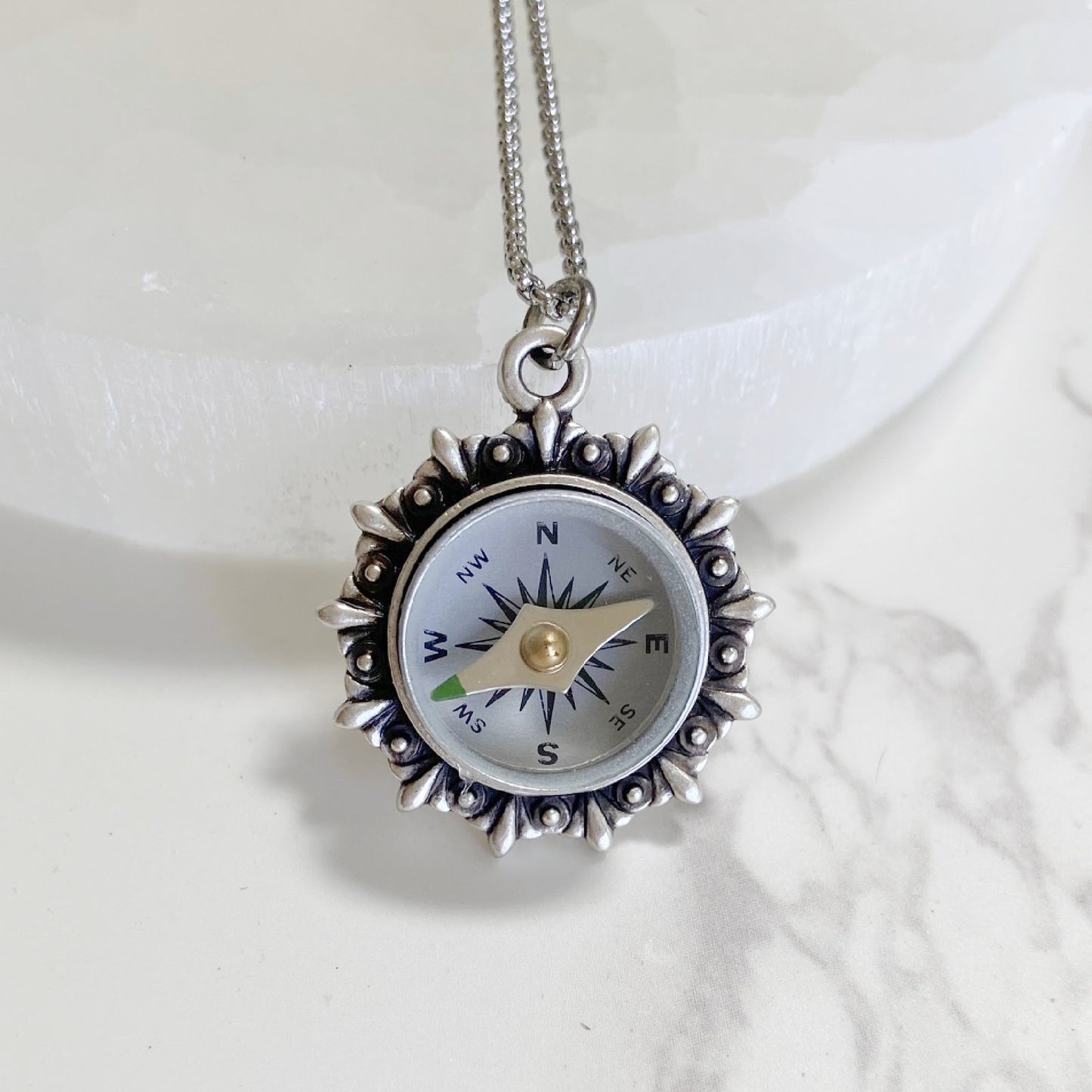 Silver Working Compass Necklace, silver face