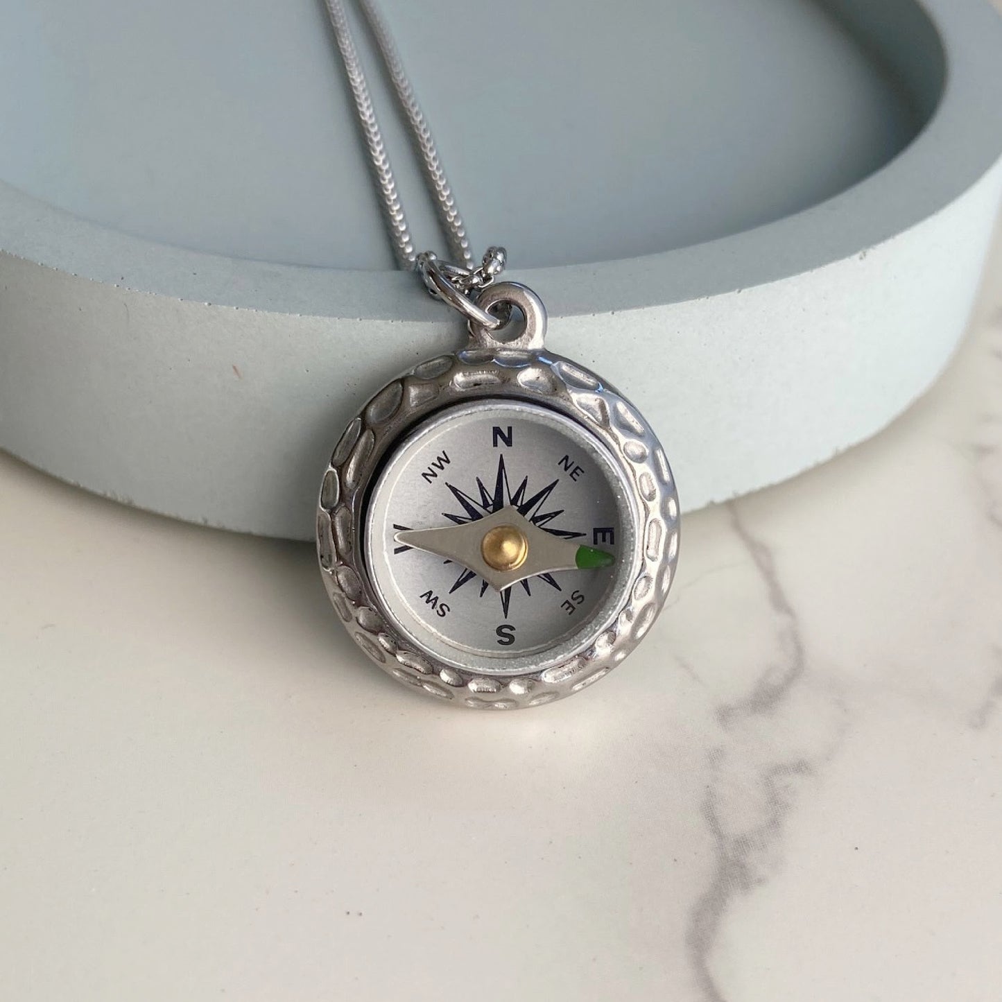 working compass necklace, silver compass pendant