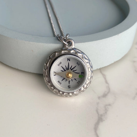 working compass necklace, silver compass pendant
