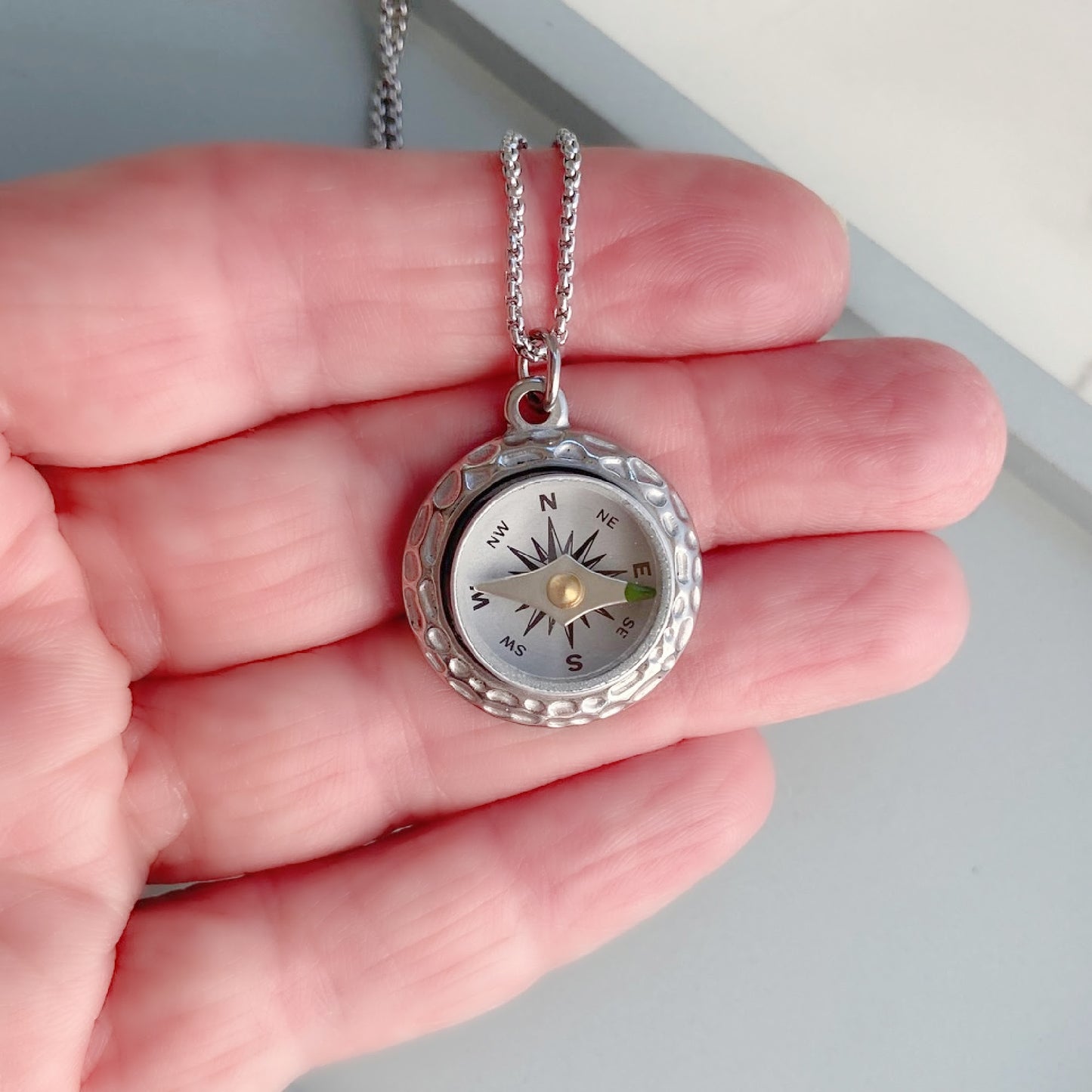 Silver Working Compass Necklace with Hammered Setting
