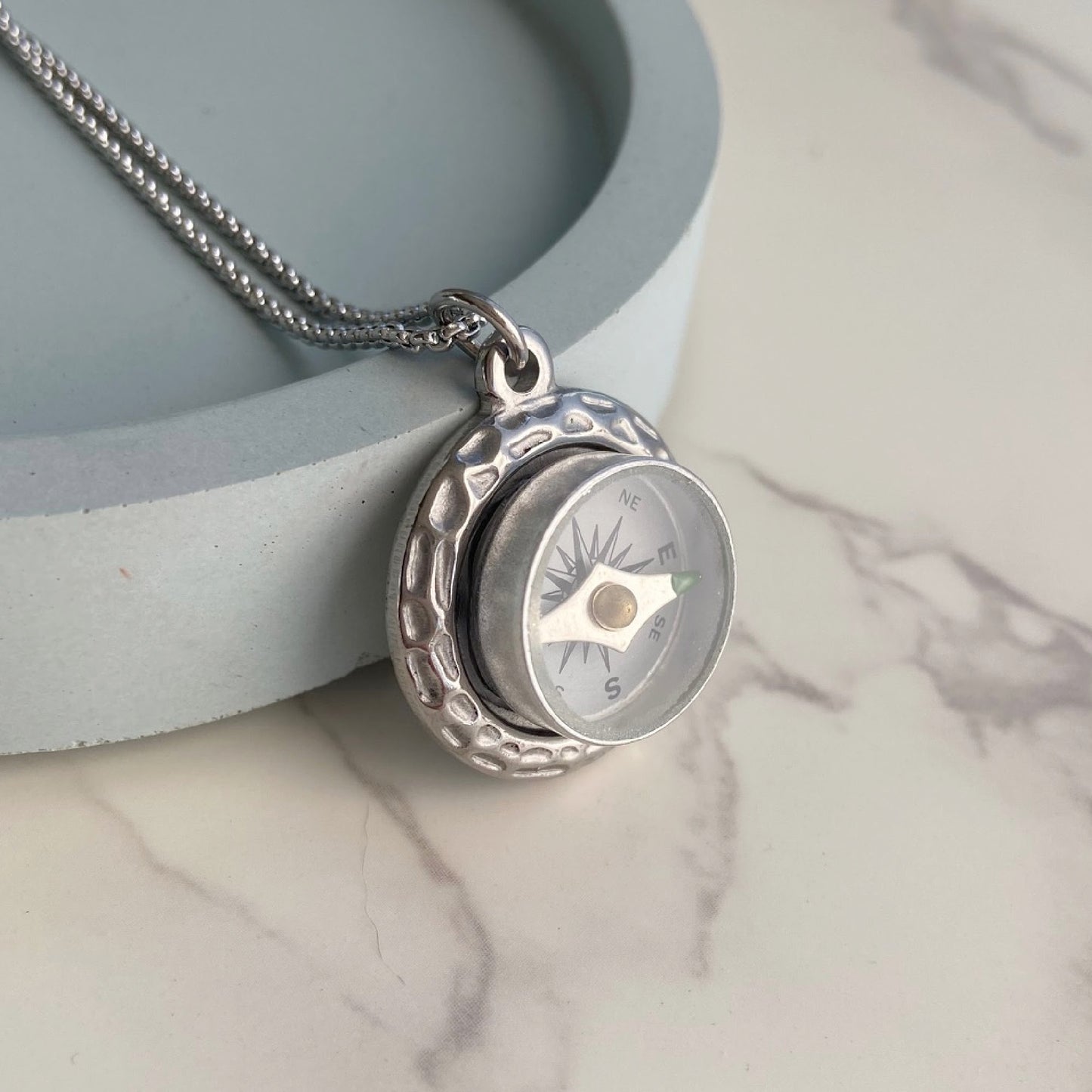 Silver Working Compass Necklace with Hammered Setting