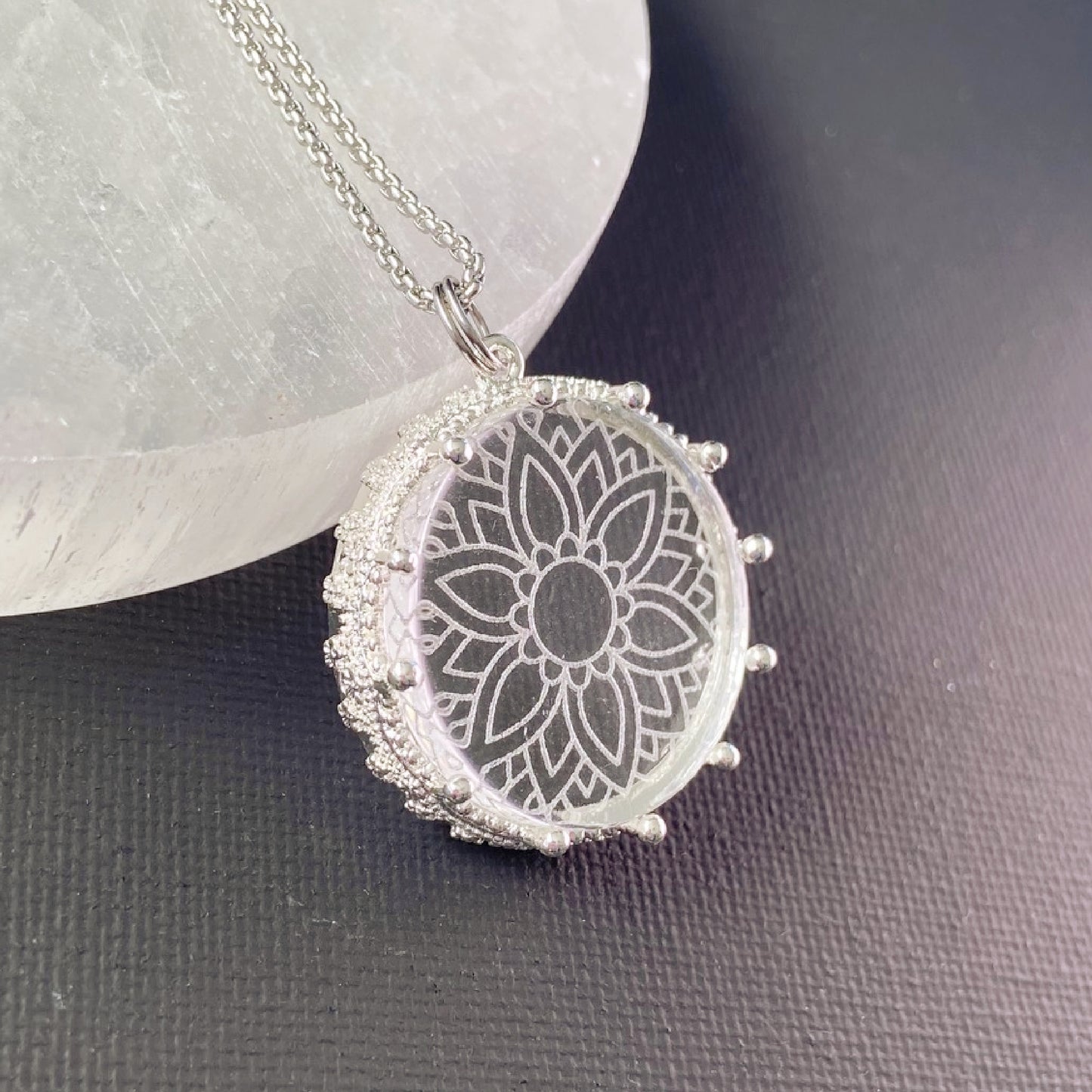 Etched Glass Mandala Necklace, design 2
