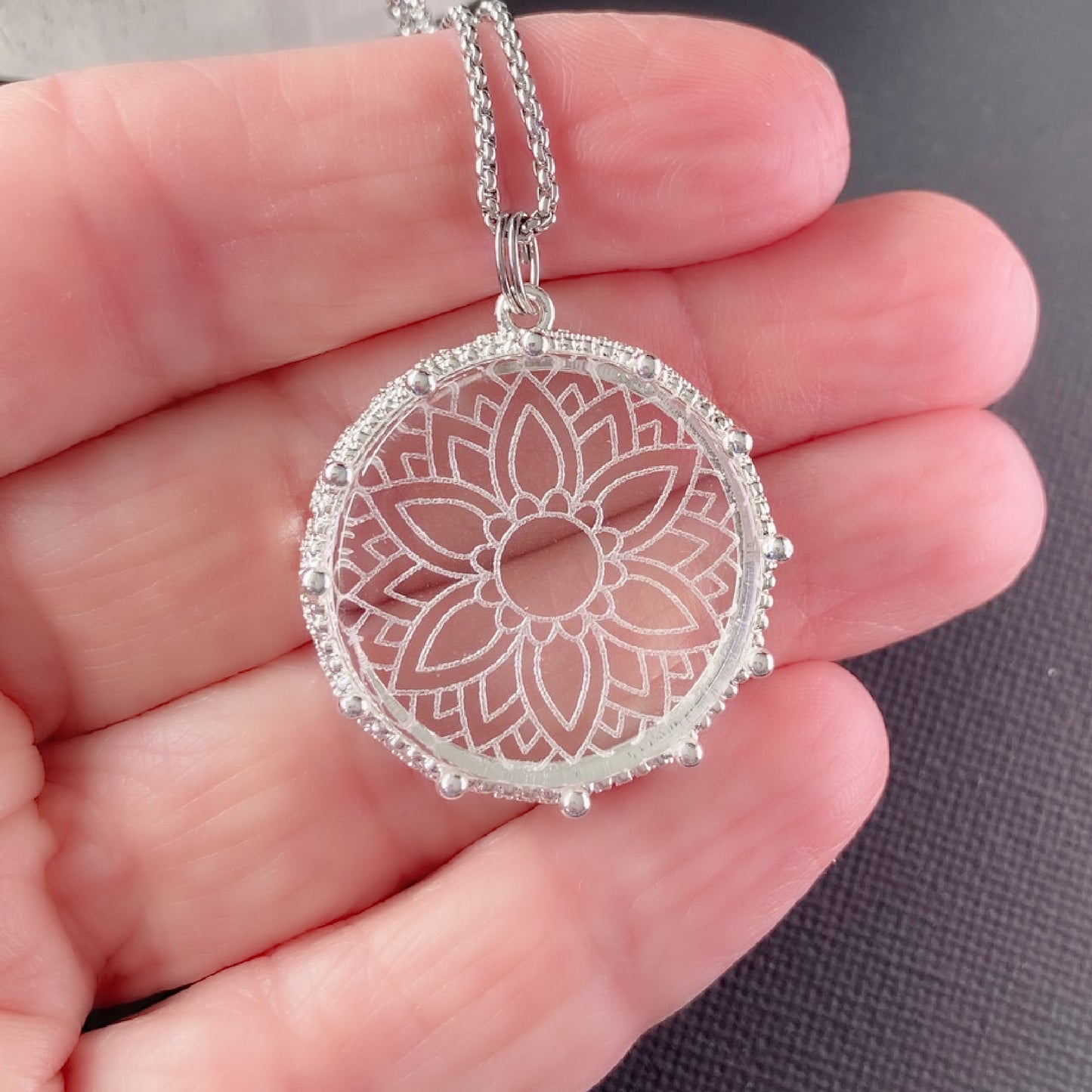 Etched Glass Mandala Necklace, design 2