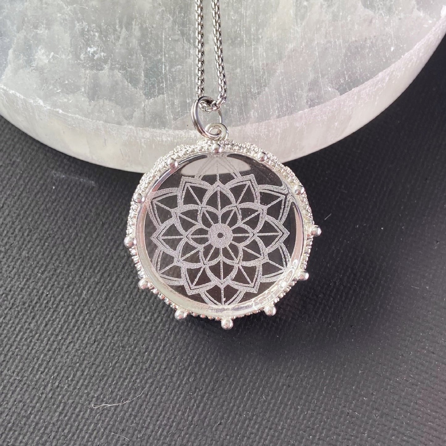 Mandala Etched Glass Necklace, design 1