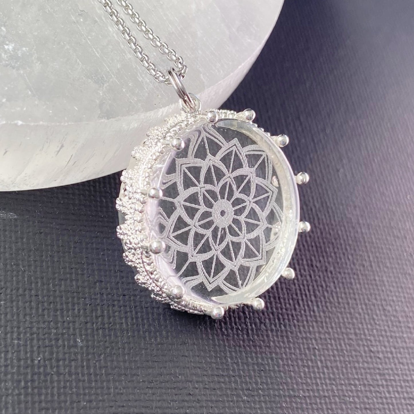 Mandala Etched Glass Necklace, design 1