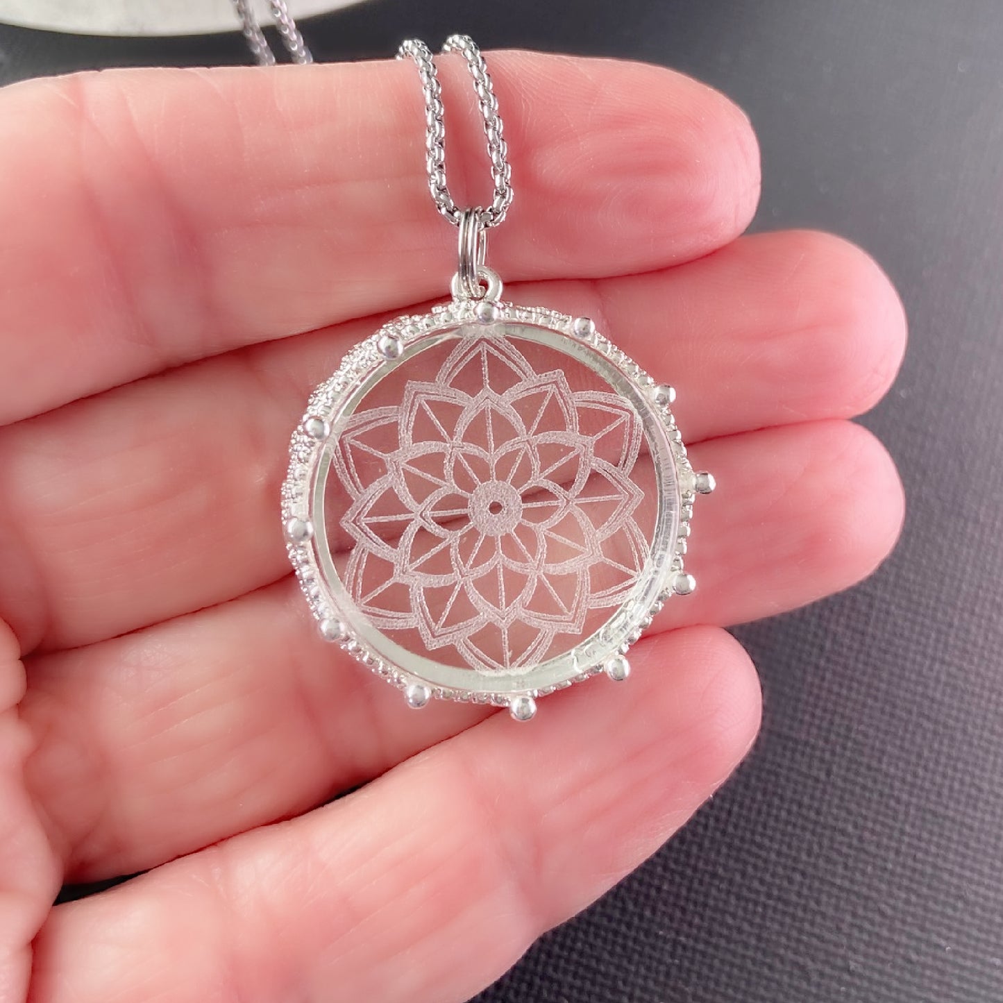 Mandala Etched Glass Necklace, design 1