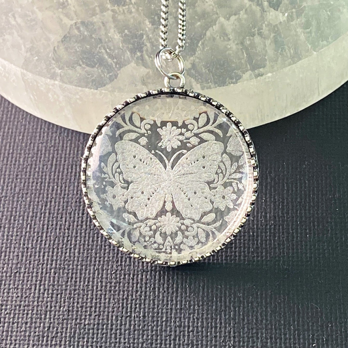 etched glass butterfly necklace, handmade glass pendant