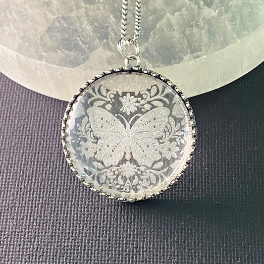 etched glass butterfly necklace, handmade glass pendant