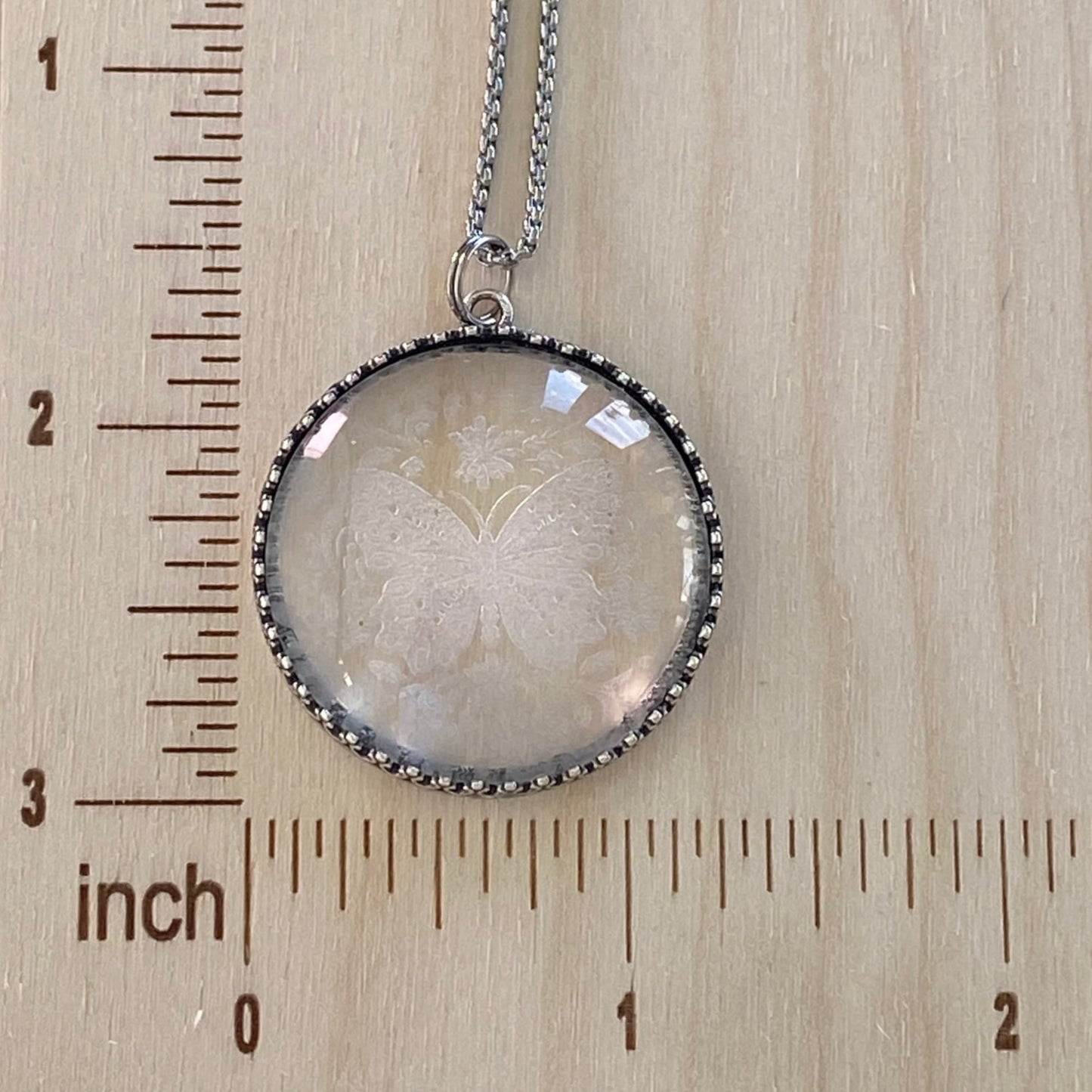 Etched Glass Butterfly Necklace with Silver Setting