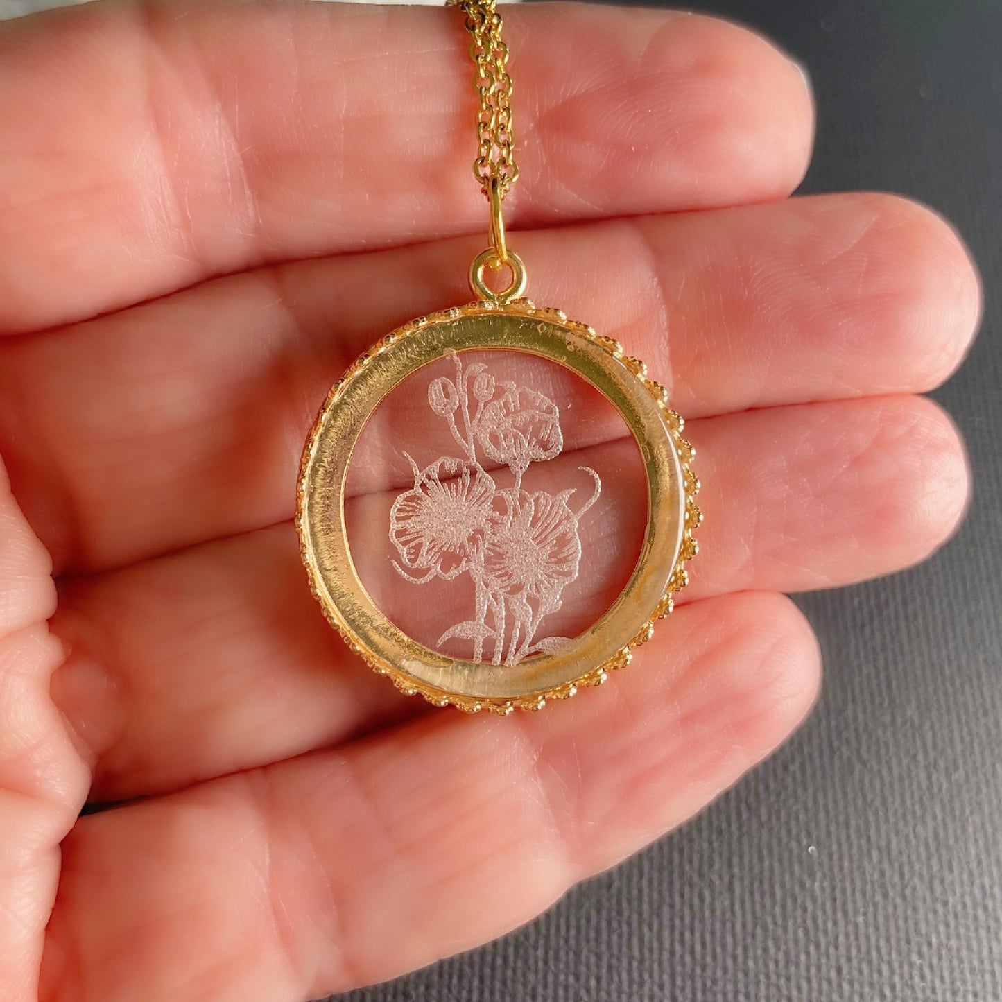Gold Sunflower Etched Glass Necklace
