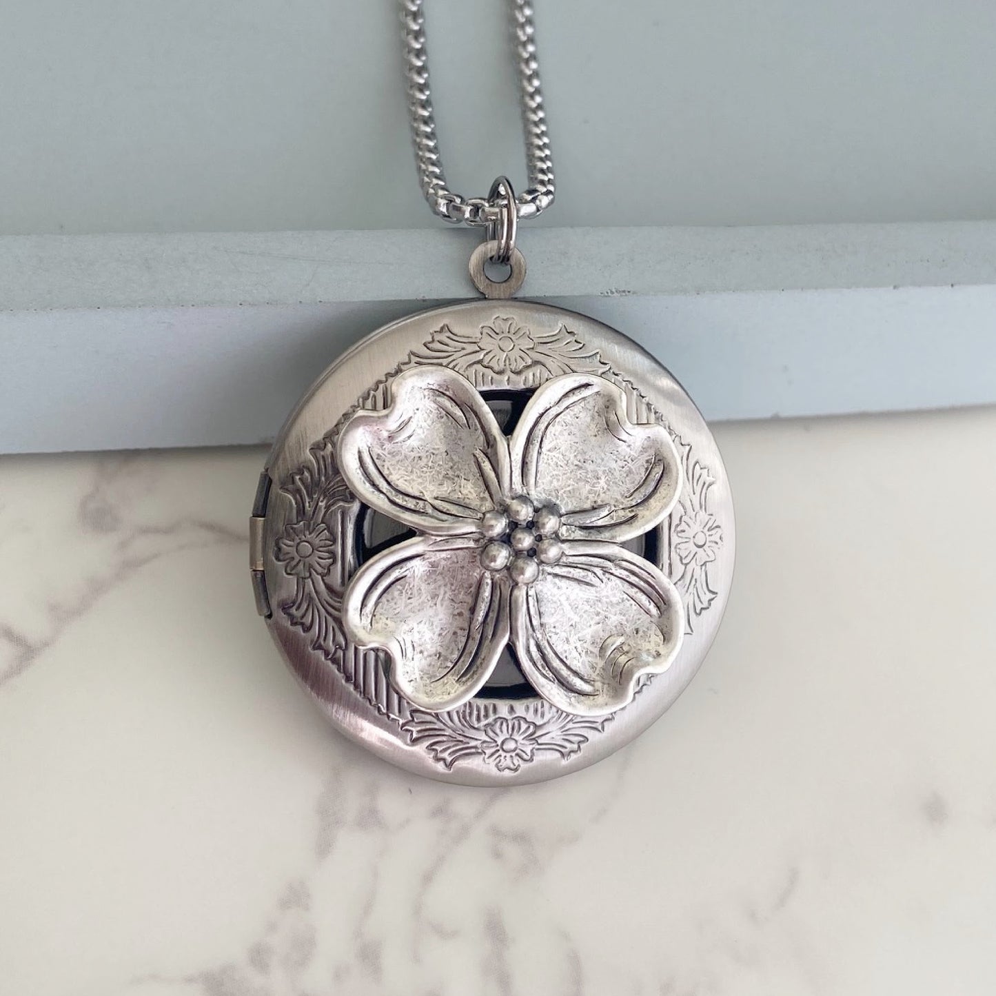 dogwood flower pendant, silver dogwood locket necklace, photo locket