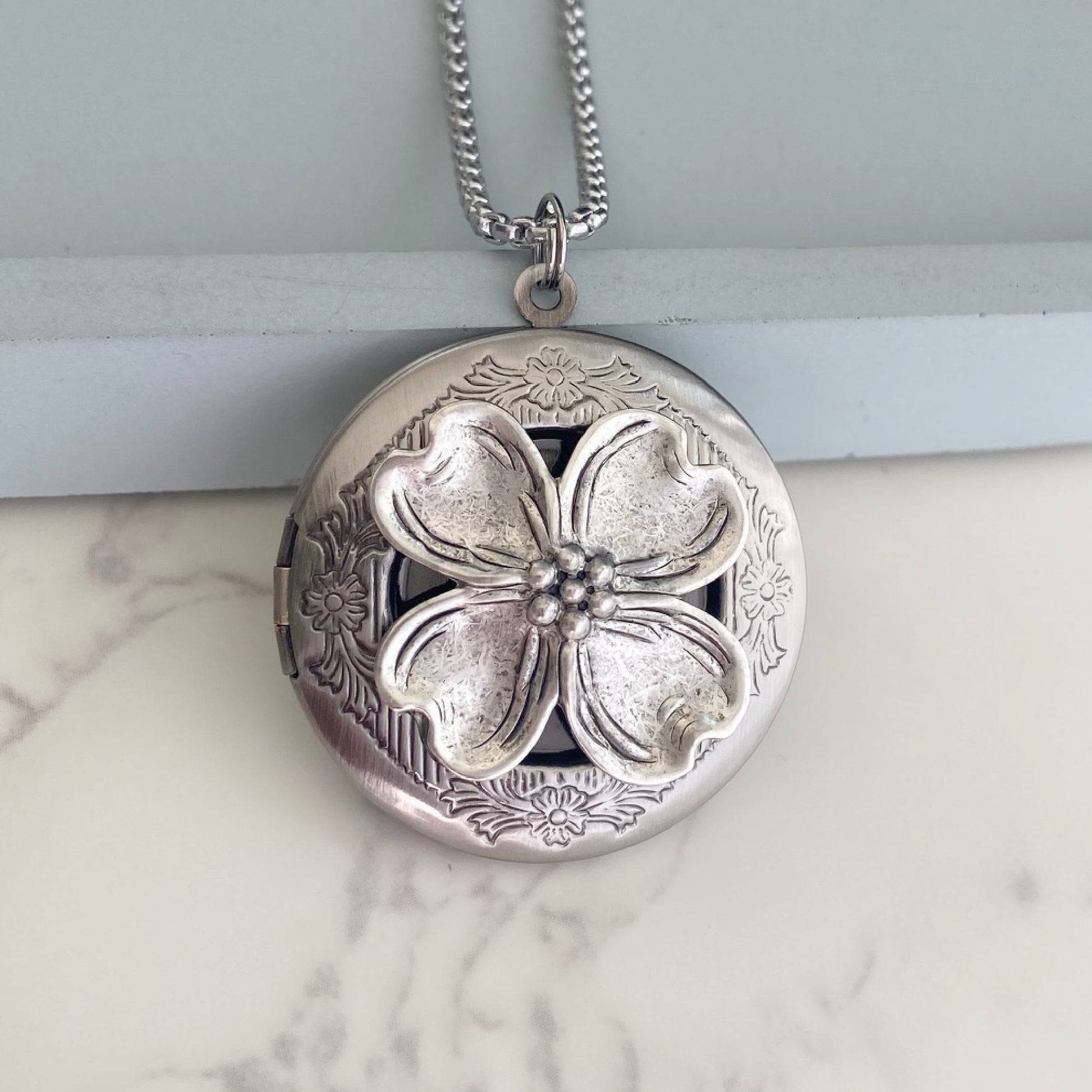 dogwood flower pendant, silver dogwood locket necklace, photo locket