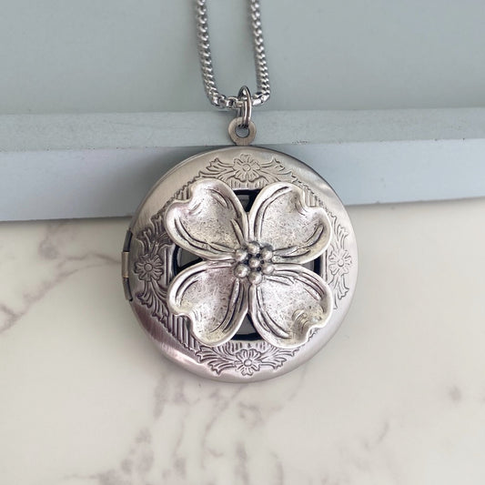 dogwood flower pendant, silver dogwood locket necklace, photo locket
