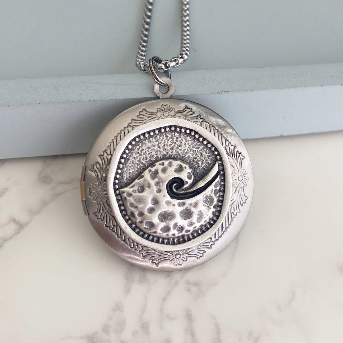 Silver Ocean Wave Locket Necklace