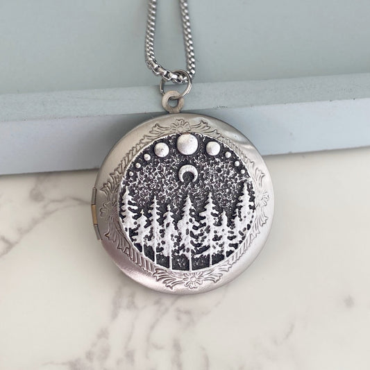 Silver Moonlit Trees Locket Necklace