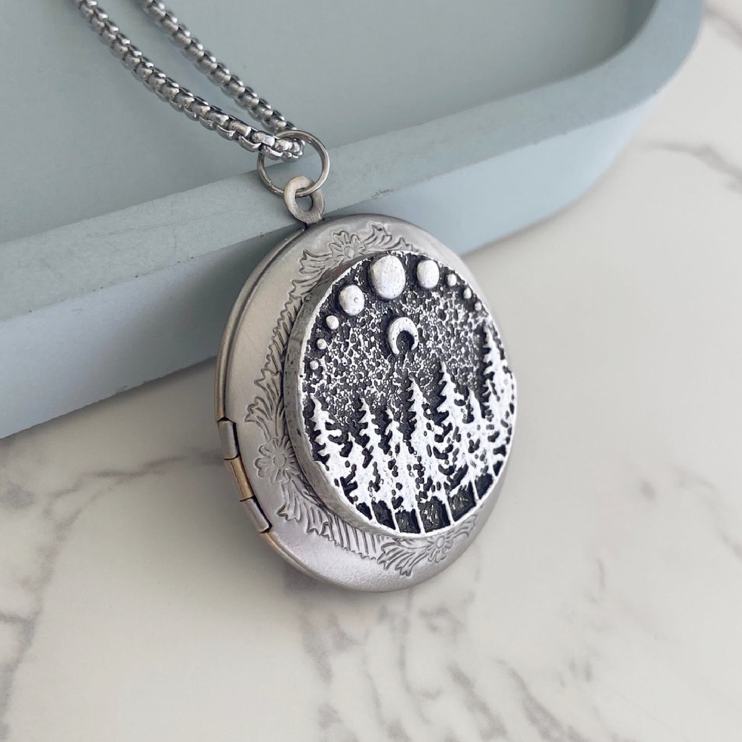 Silver Moonlit Trees Locket Necklace