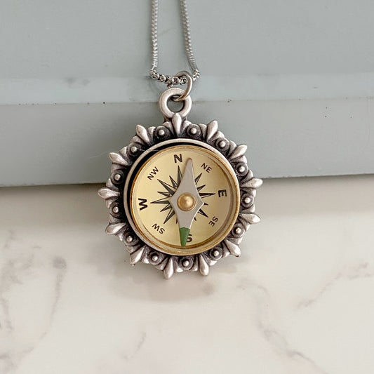 Silver Working Compass Necklace, ivory face