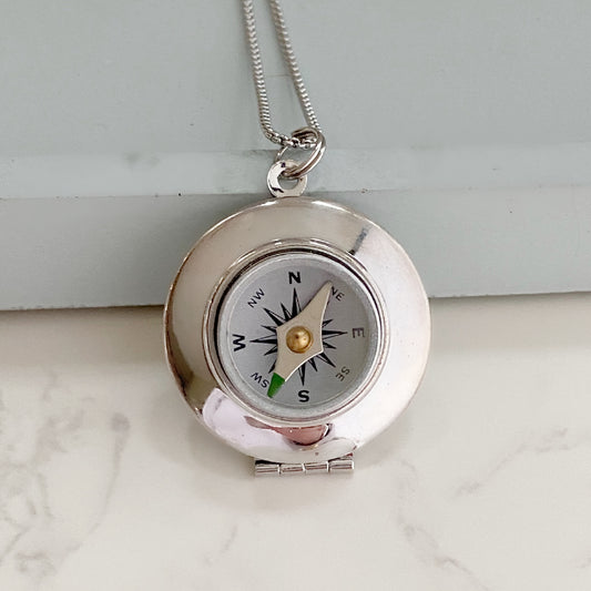 silver working compass locket, photo locket with compass