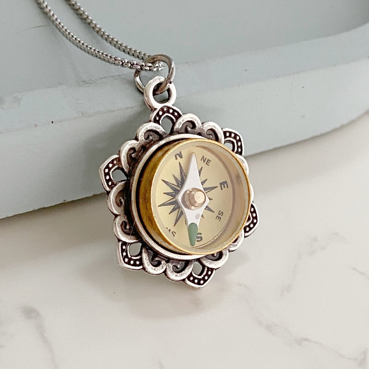 Silver Flower Working Compass Necklace, ivory face