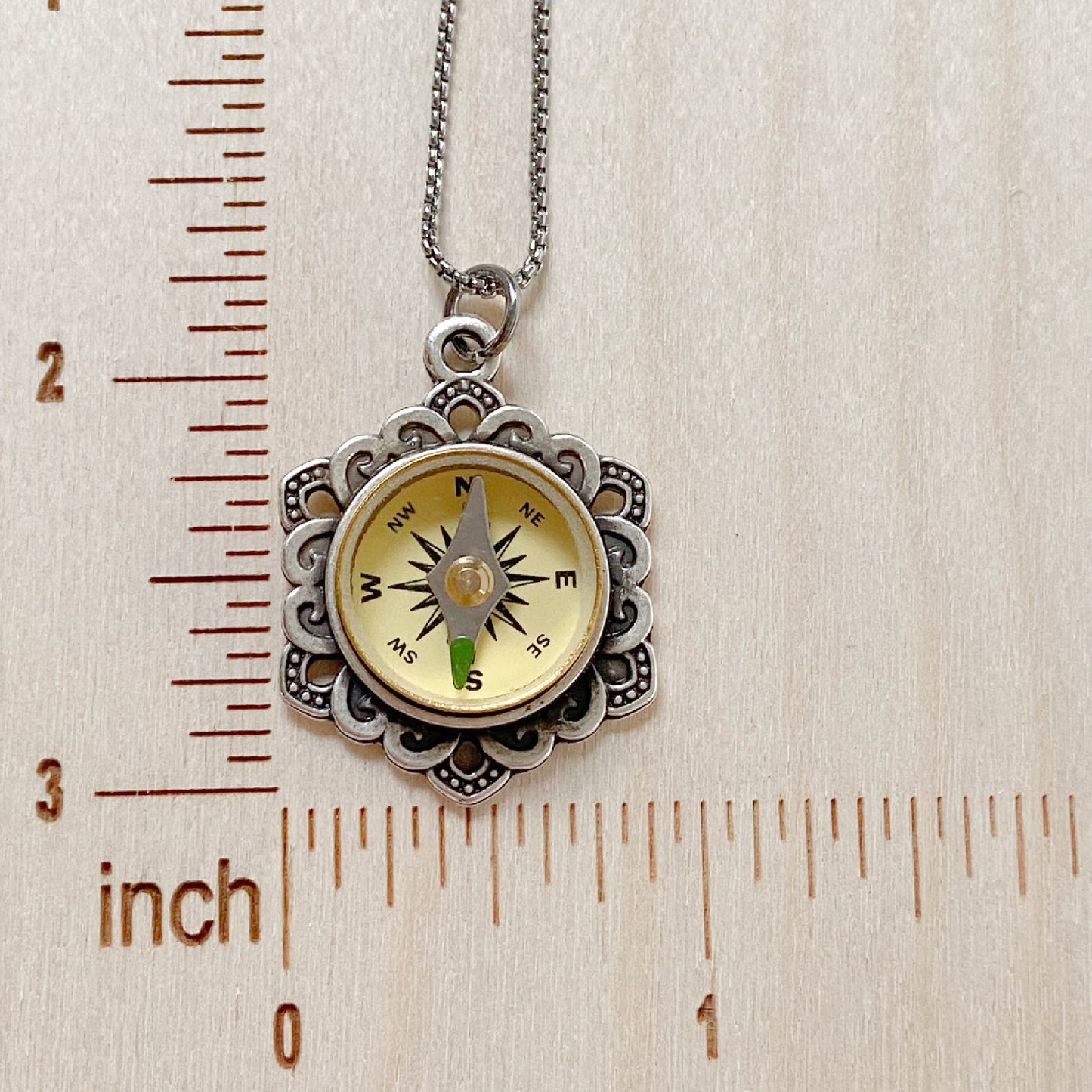 Silver Flower Working Compass Necklace, ivory face