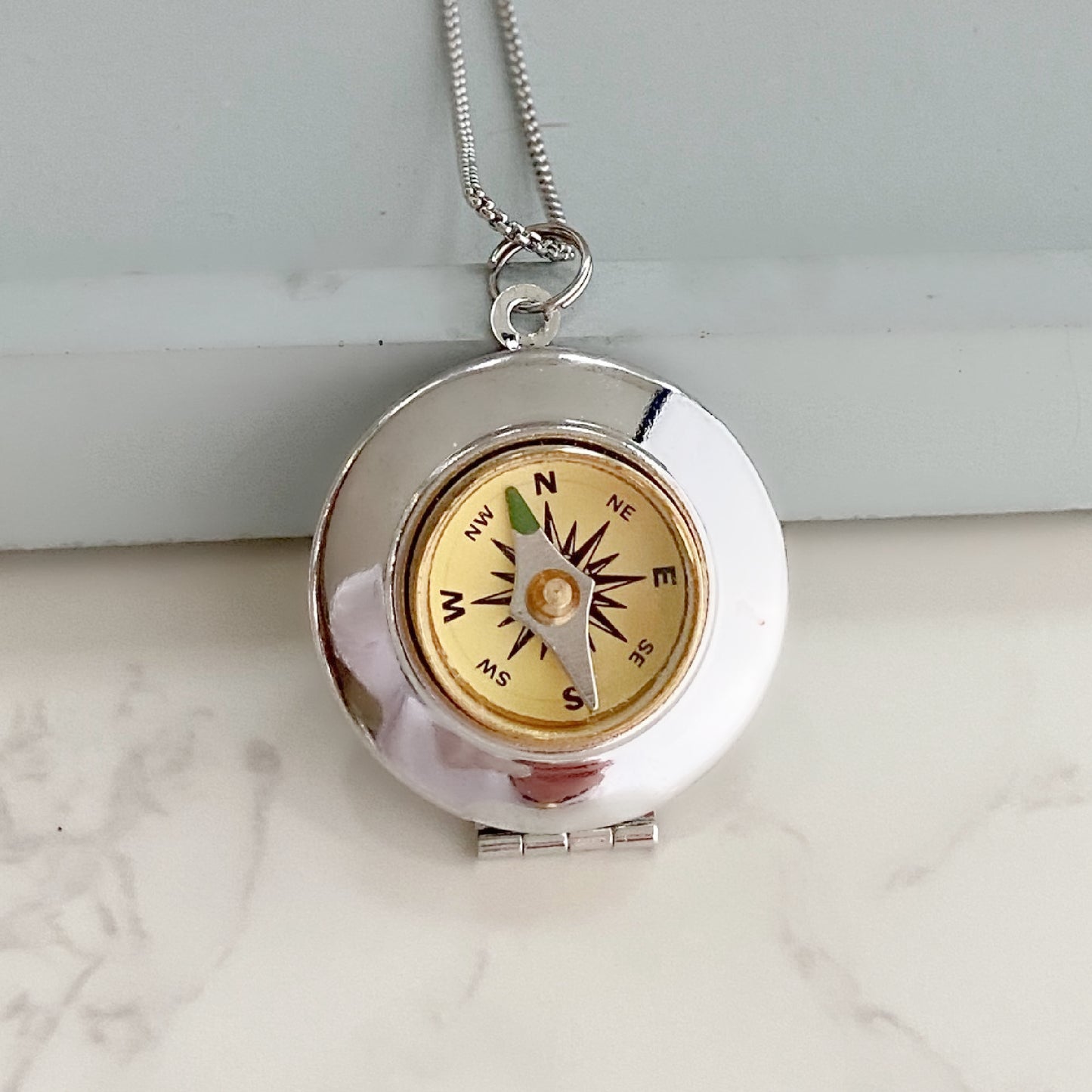 Silver Working Compass Locket Necklace, ivory face
