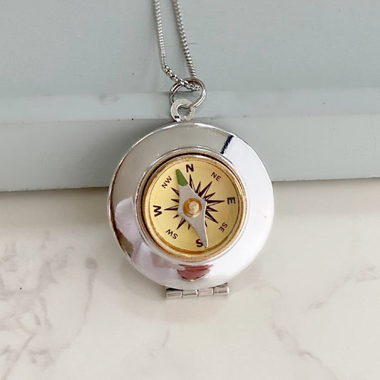 Silver Working Compass Locket Necklace, ivory face