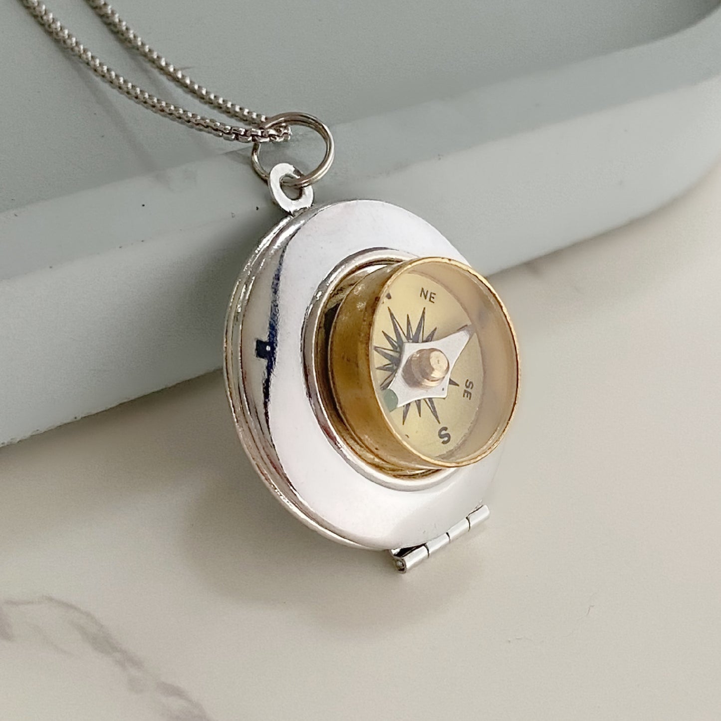Silver Working Compass Locket Necklace, ivory face