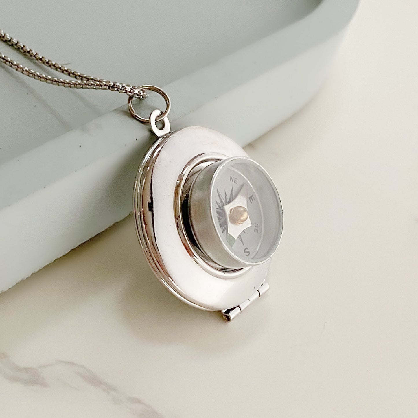 Silver Working Compass Locket Necklace, silver face