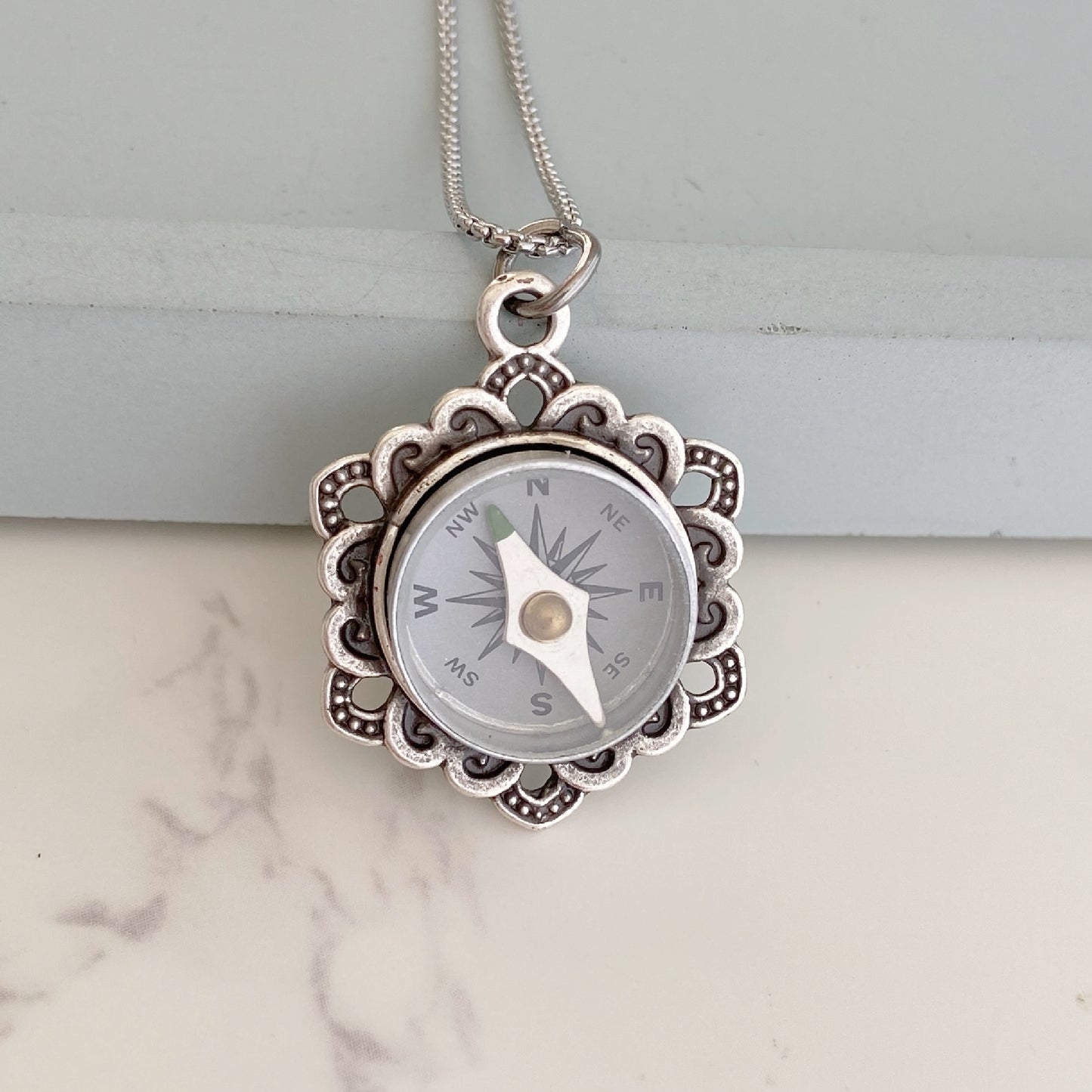 Silver Flower Working Compass Necklace, silver face