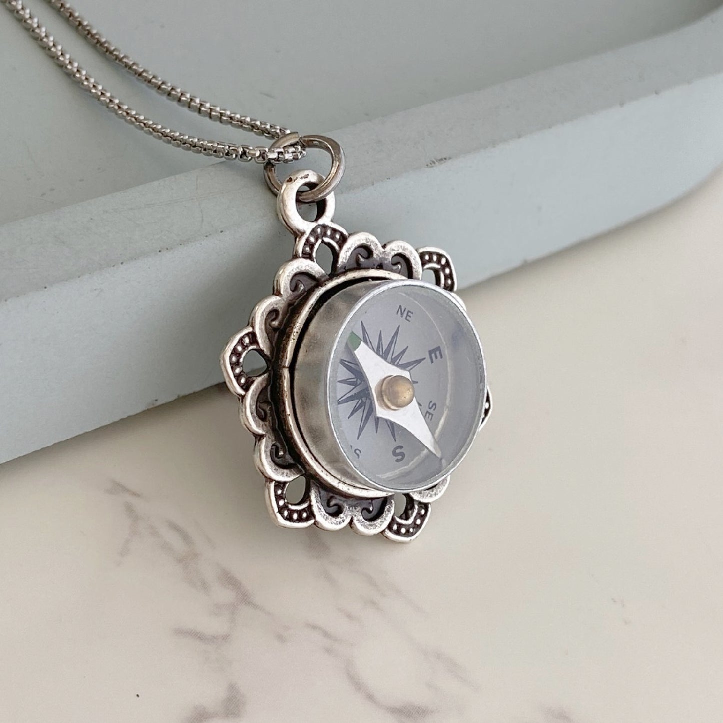 Silver Flower Working Compass Necklace, silver face