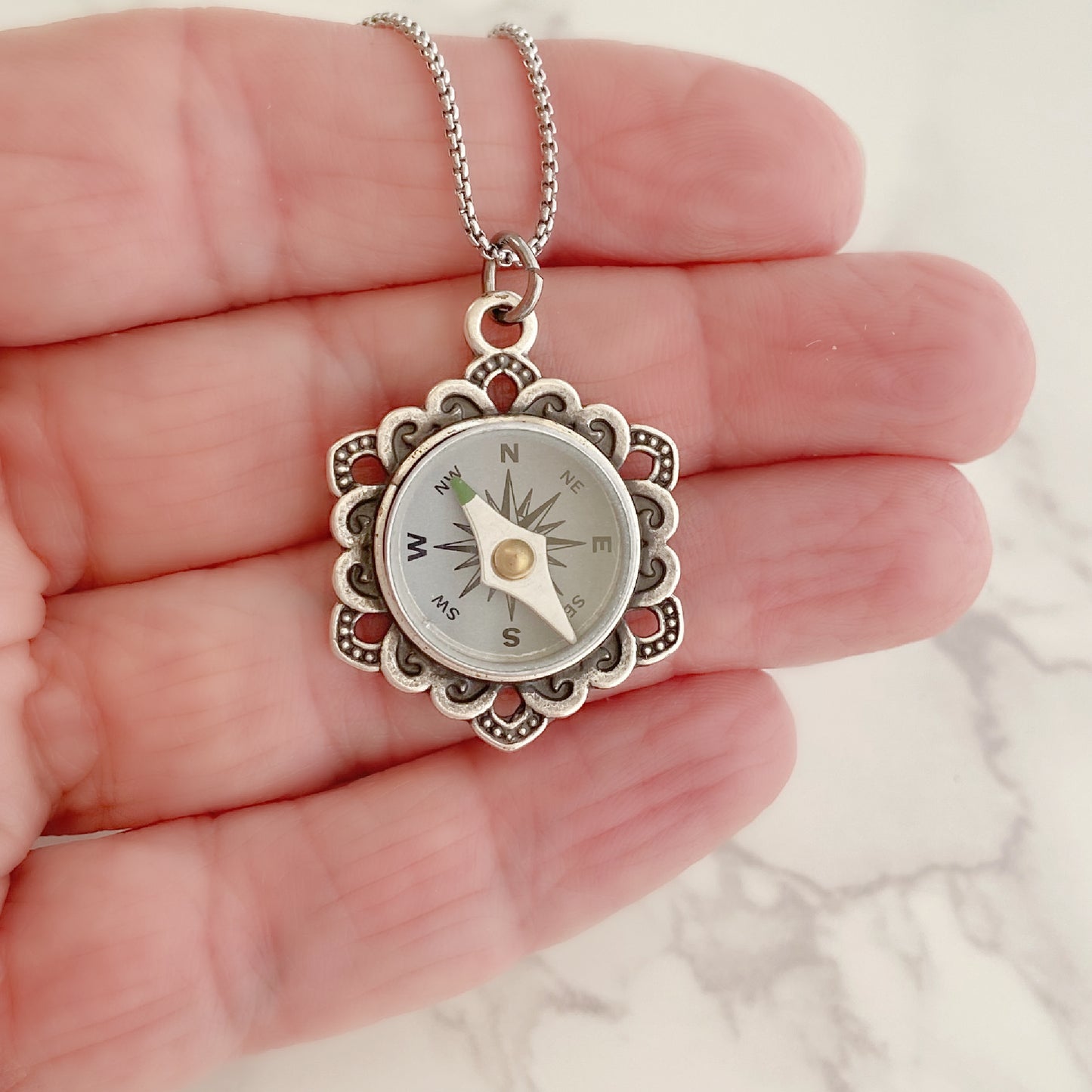 Silver Flower Working Compass Necklace, silver face