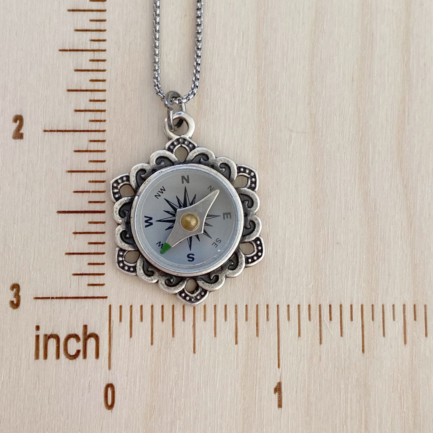 Silver Flower Working Compass Necklace, silver face