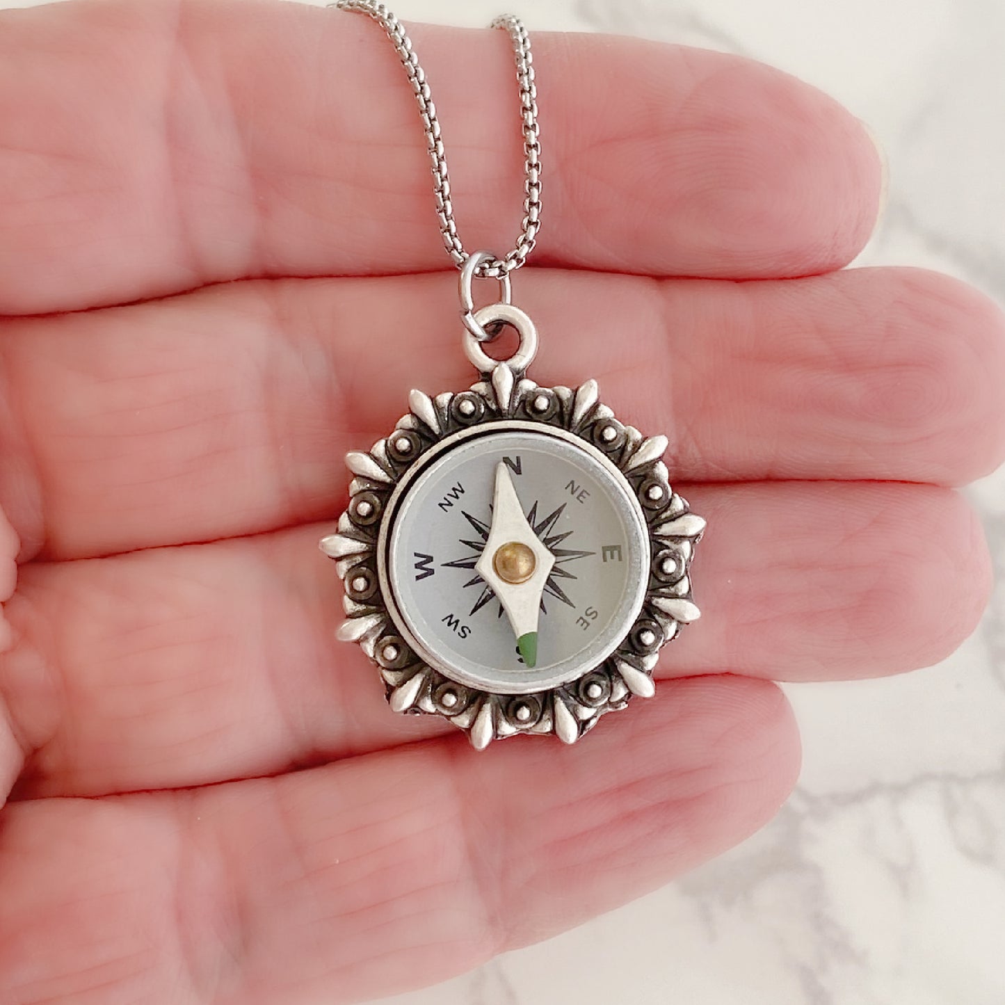 Silver Working Compass Necklace, silver face