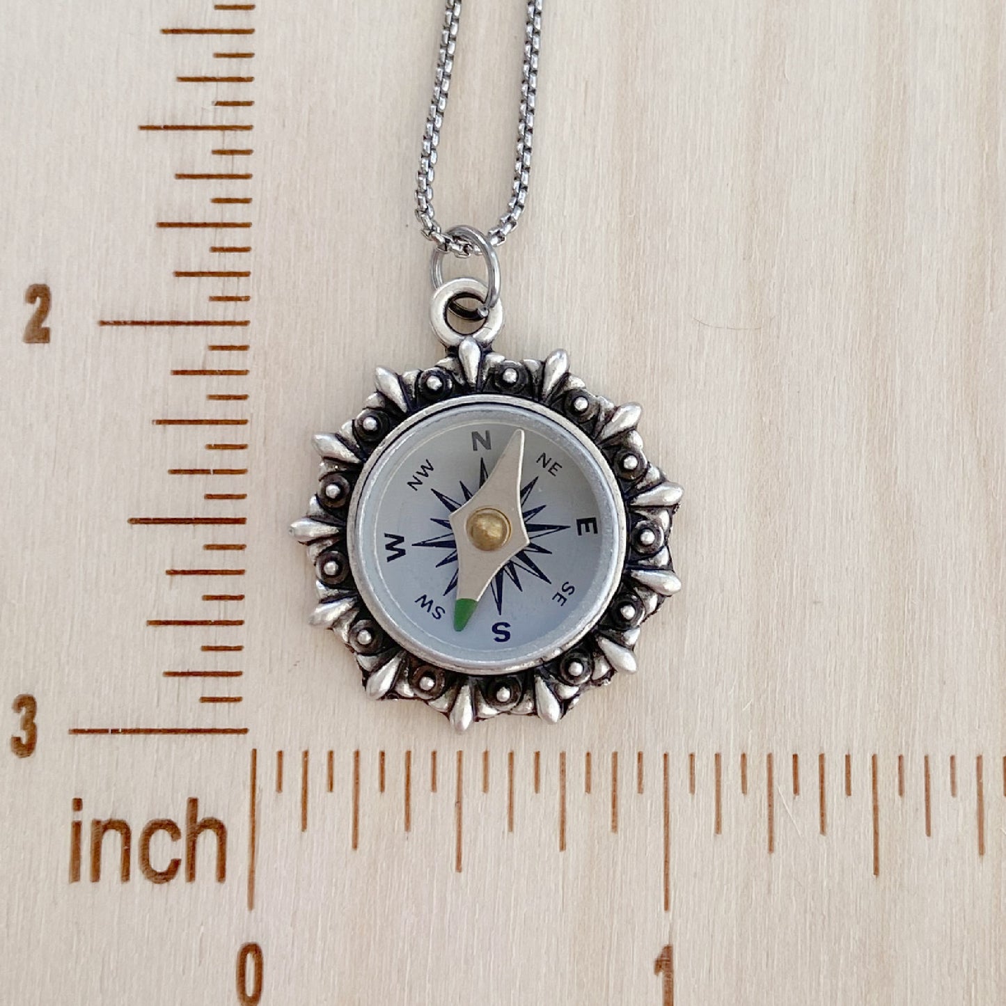 Silver Working Compass Necklace, silver face