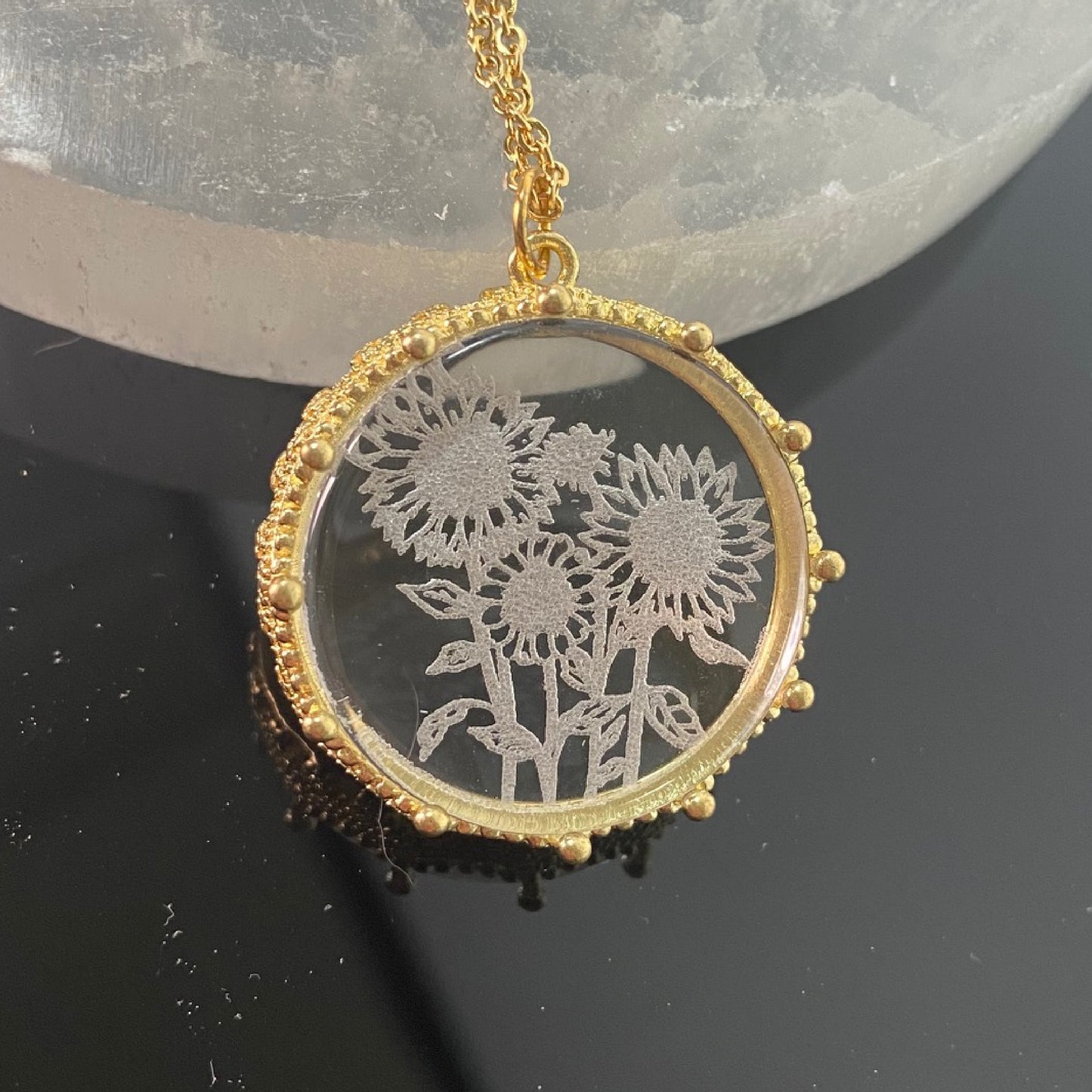 Gold Sunflower Etched Glass Necklace