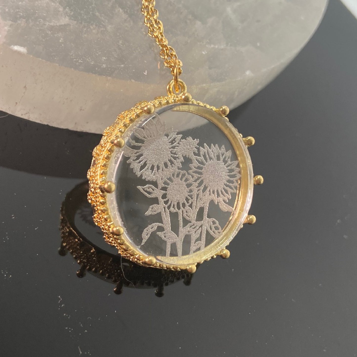 Gold Sunflower Etched Glass Necklace