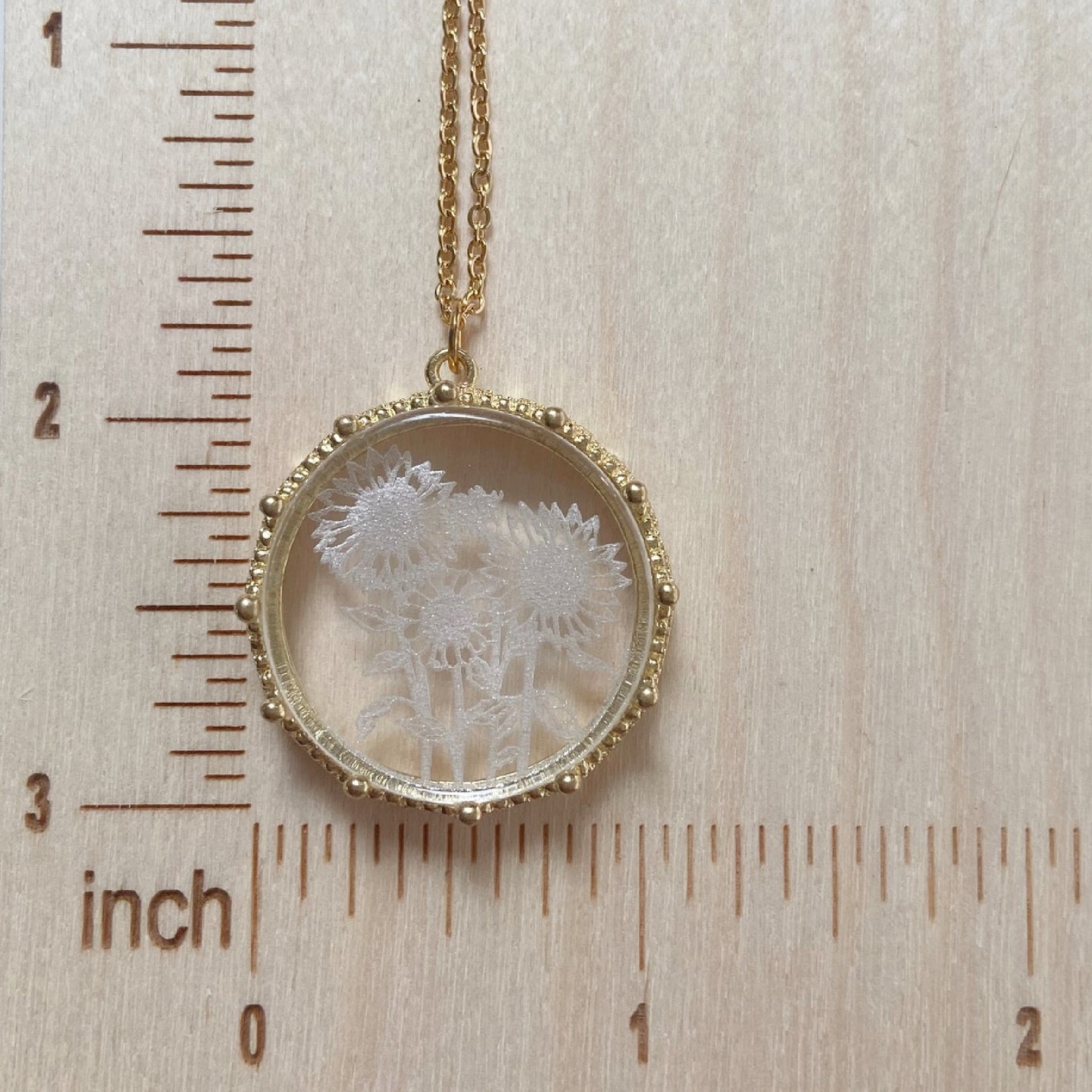 Gold Sunflower Etched Glass Necklace