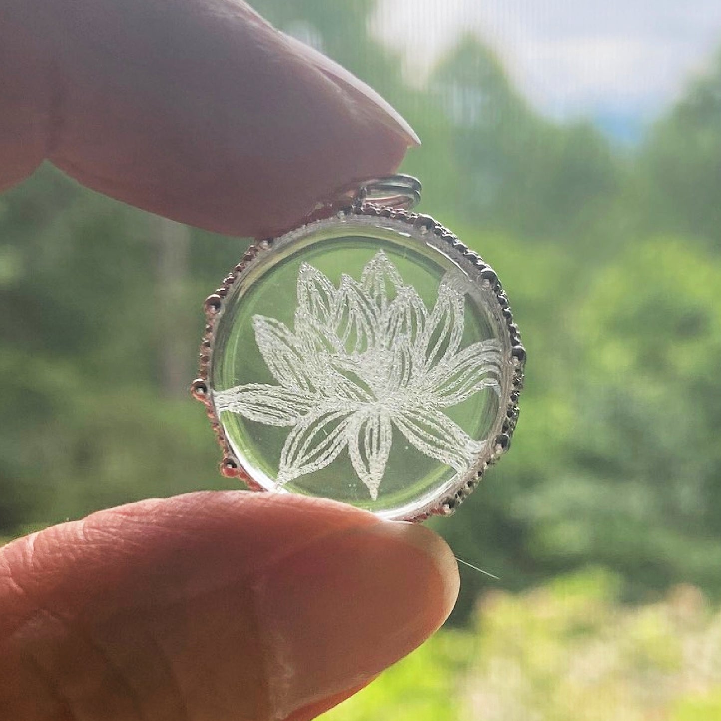 Glass Lotus Flower Necklace, silver setting