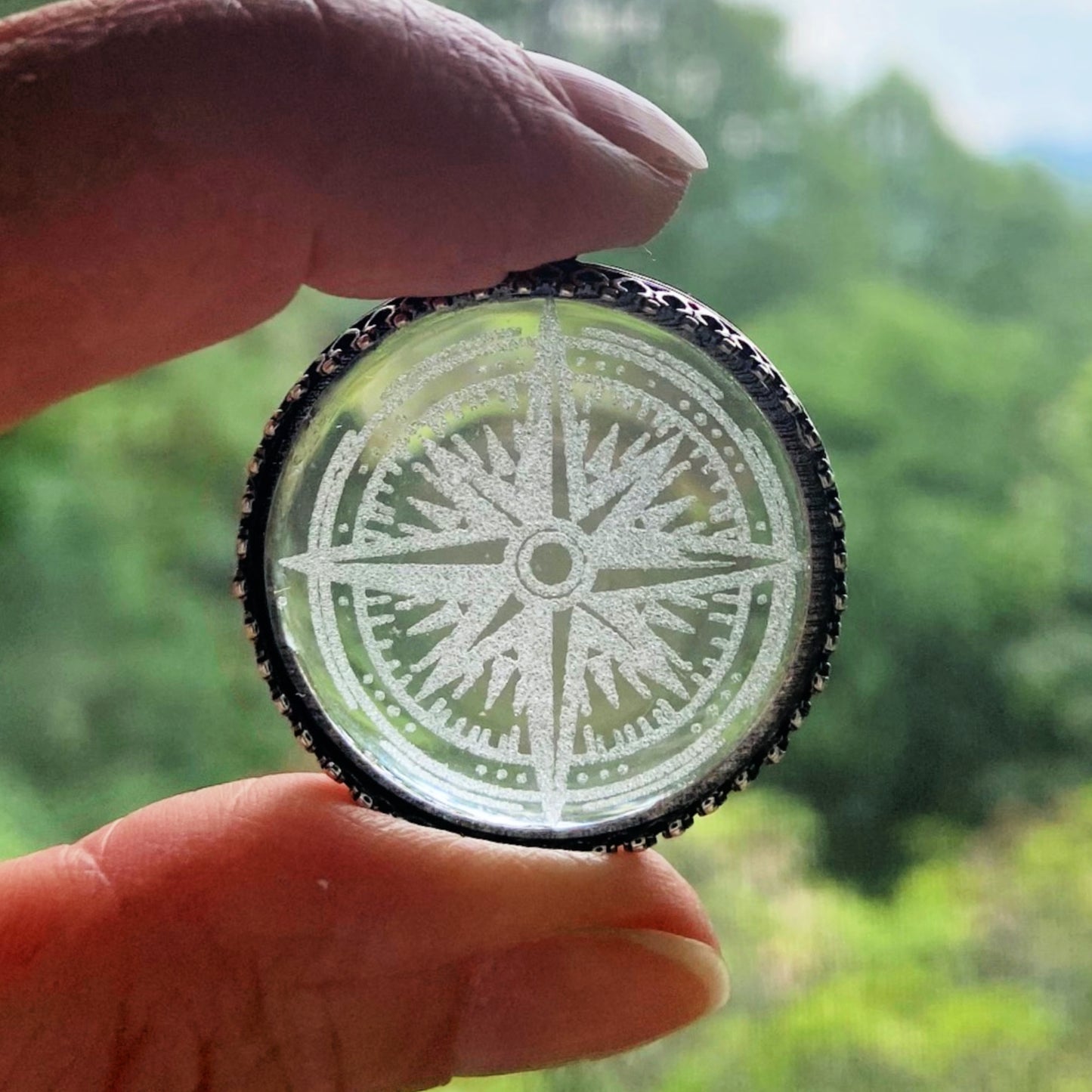 Compass Rose Etched Glass Necklace